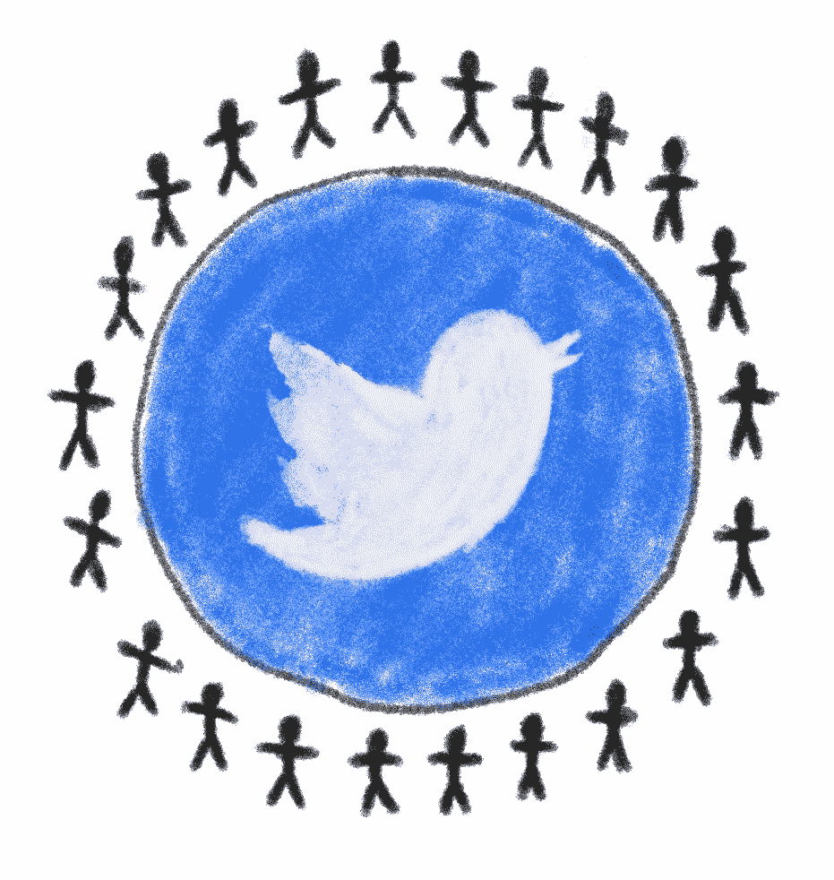 A single circle containing the Twitter logo, surrounded by lots of stick figures
