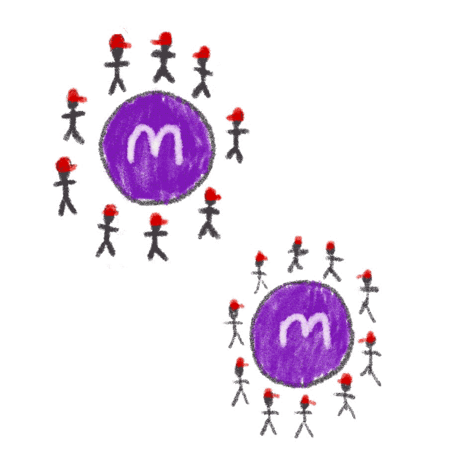 Two purple circles, not connected to one another, both containing a Mastodon logo. Each circle is ringed with stick figures in red baseball caps